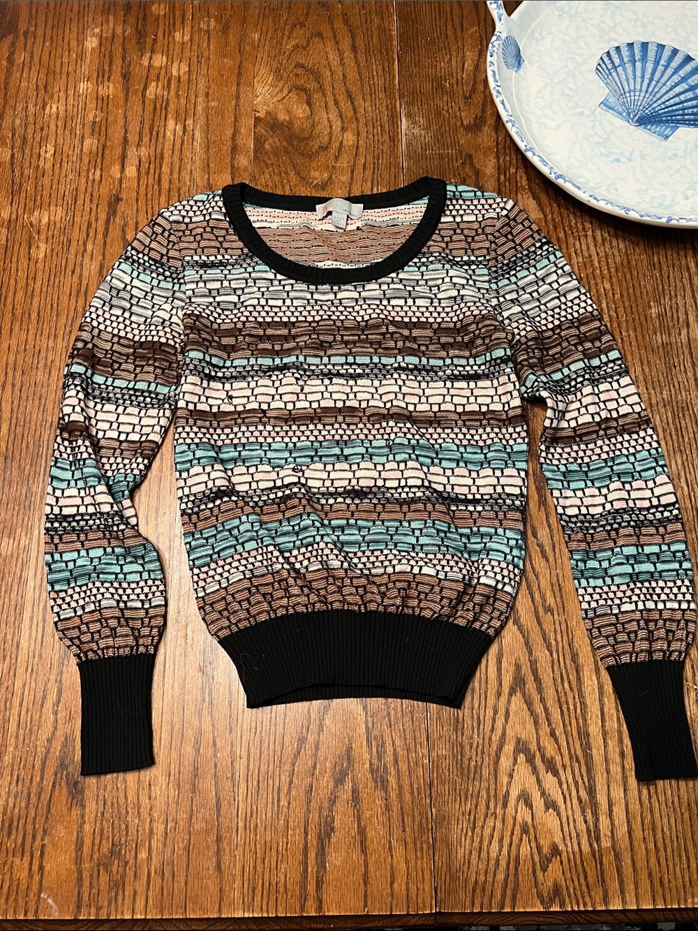 Vintage Missoni Made in Italy Crewneck Sweater Brown, Cream & Teal brick pattern